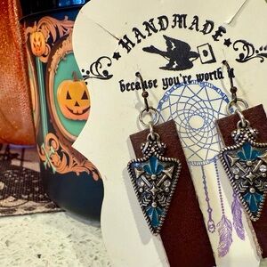 Handmade genuine Brown leather and Silver arrowhead Earrings